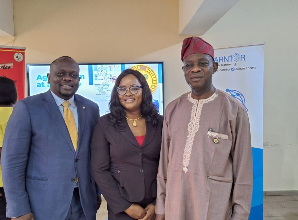 L-R Director-General PSSDC, Mr Adekunmilola Adio-Moses, Founder, Learntor Foundation Mrs Mercy George-Igbafe and Commissioner,Ministry of Establishments and Training, Mr Afolabi Ayantayo at the Agile Digital Transformation Training for LASG Executive Officials at PSSDC, Magodo.
